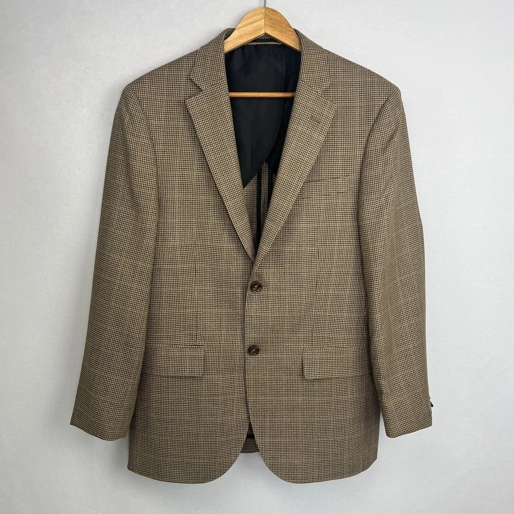 Hugh & Crye Blazer Measured 40S Average/Slim Tan Wool Silk Houndstooth Jacket